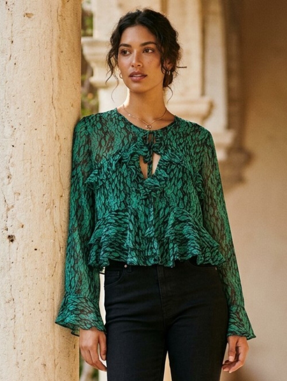 Misa Los Angeles Women's Cropped Sheer Chiffon Blouse V-neck Ruffle Green Large